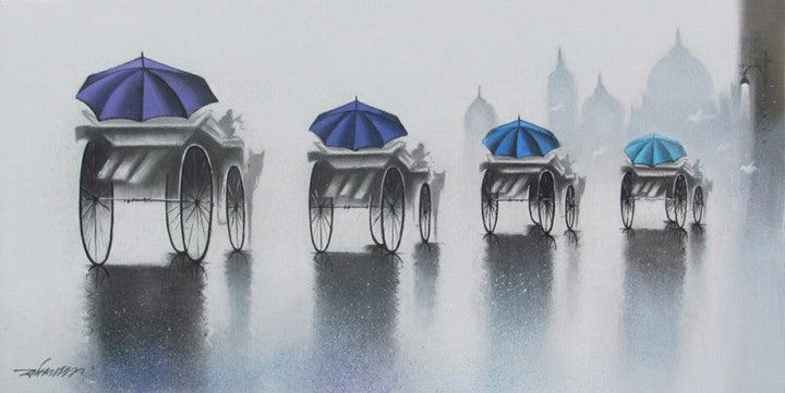 Cityscape mixed media painting titled 'Rhythmic Monsoon Ride 1', 12x24 inches, by artist Somnath Bothe on Canvas