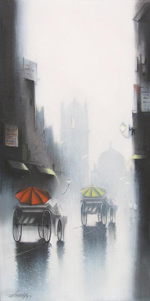 Cityscape mixed media painting titled 'Rhythmic Monsoon Ride 2', 12x24 inches, by artist Somnath Bothe on Canvas