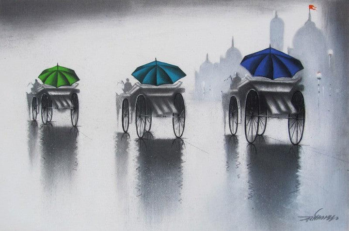 Cityscape mixed media painting titled 'Rhythmic Monsoon Ride 3', 12x18 inches, by artist Somnath Bothe on Canvas