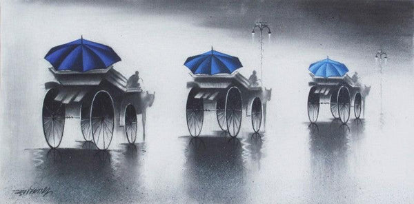 Cityscape charcoal drawing titled 'Rhythmic Monsoon Ride', 12x18 inches, by artist Somnath Bothe on Canvas