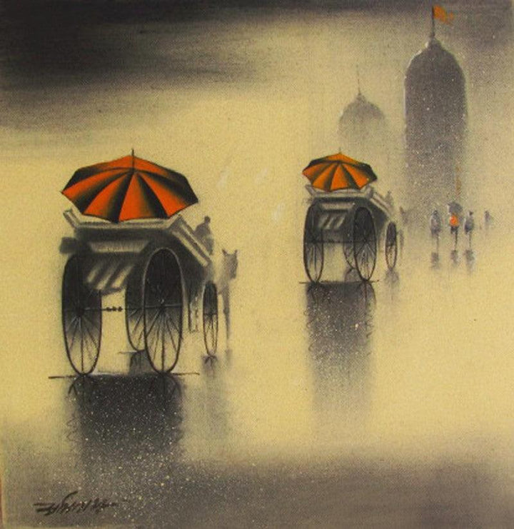 Cityscape charcoal drawing titled 'Rhythmic Monsoon V', 12x12 inches, by artist Somnath Bothe on Canvas