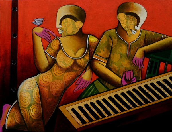 contemporary acrylic painting titled 'Rhythmic Reverberations 5', 48x36 inches, by artist Anupam Pal on canvas