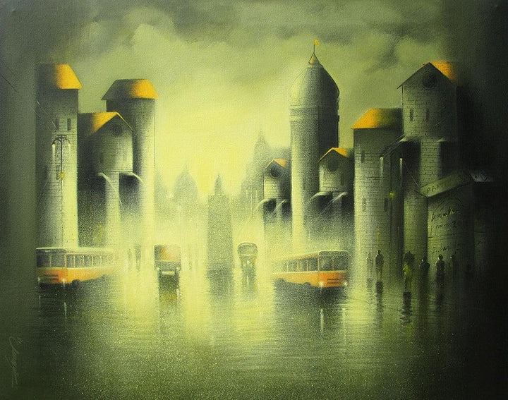 Cityscape acrylic painting titled 'Rhytmic Monsoon Ride 1', 24x30 inches, by artist Somnath Bothe on Canvas