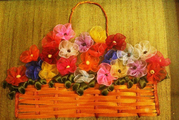 Nature mixed media titled 'Ribbon Basket with Gathered Flowers', 10x7 inches, by artist Mohna Paranjape on Cloth