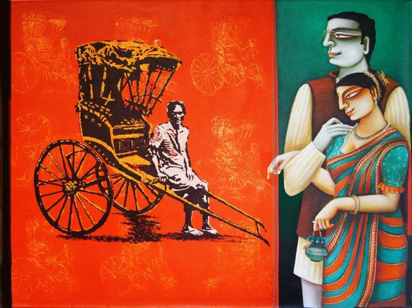 Figurative acrylic painting titled 'Rickshaw', 36x48 inches, by artist Gautam Mukherjee on Canvas