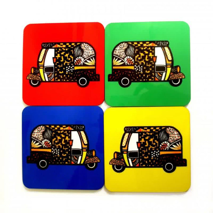 Lifestyle craft titled 'Rickshaw Coasters', 4x4 inches, by artist Rithika Kumar on MDF Wood