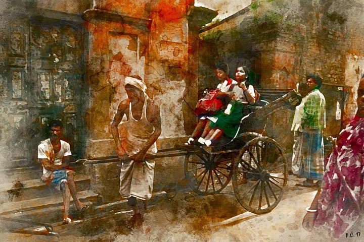 Cityscape Digital Painting digital art titled 'Rickshaw Puller 1', 11x17 inches, by artist Pushkar Chatterjee on canvas