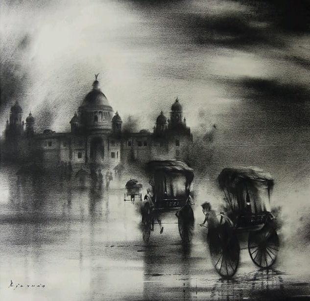 Cityscape charcoal painting titled 'Rickshaw Puller 5', 15x15 inches, by artist Ajay De on Paper