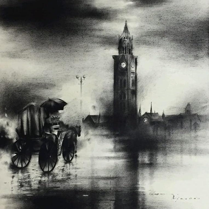 Cityscape charcoal painting titled 'Rickshaw Puller', 15x15 inches, by artist Ajay De on Paper