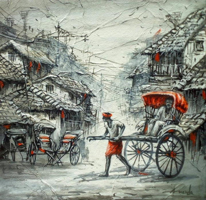 Cityscape acrylic painting titled 'Rickshaw Puller In Kolkata 2', 12x12 inches, by artist Ananda Das on Canvas