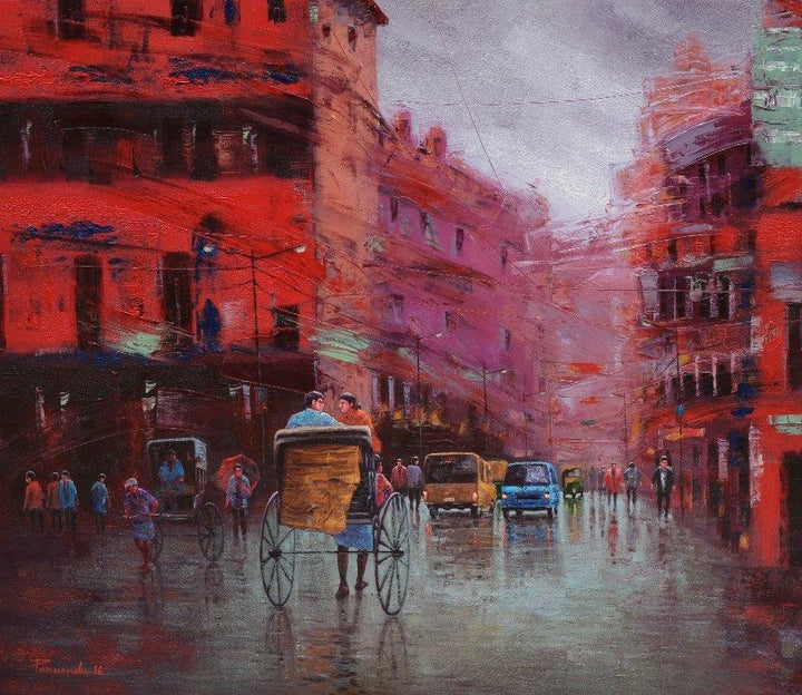 Cityscape oil painting titled 'Rickshaw Puller In Kolkata 4', 36x42 inches, by artist Purnendu Mandal on Canvas