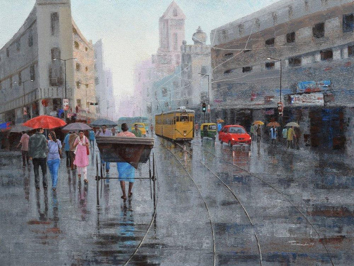 Cityscape acrylic painting titled 'Rickshaw Puller In Kolkata 5', 36x48 inches, by artist Purnendu Mandal on Canvas