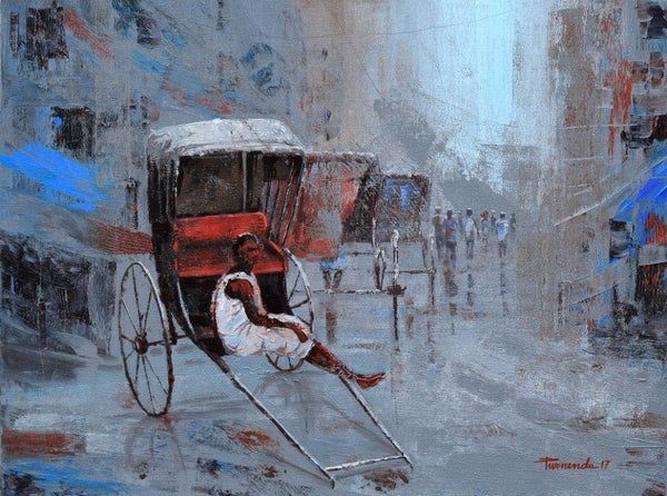 Cityscape acrylic painting titled 'Rickshaw Puller In Kolkata', 18x24 inches, by artist Purnendu Mandal on Canvas