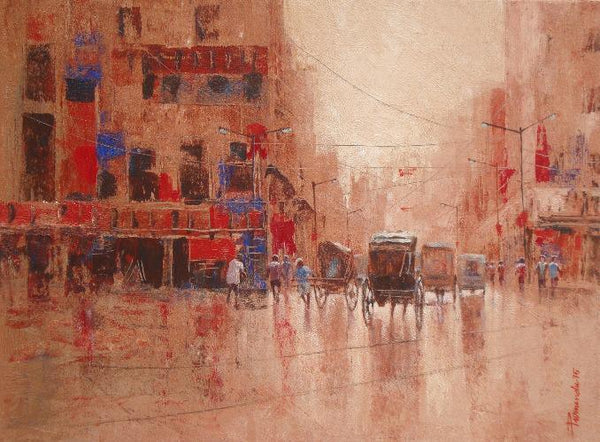 Cityscape acrylic painting titled 'Rickshaw Puller In Kolkata I', 18x24 inches, by artist Purnendu Mandal on Canvas