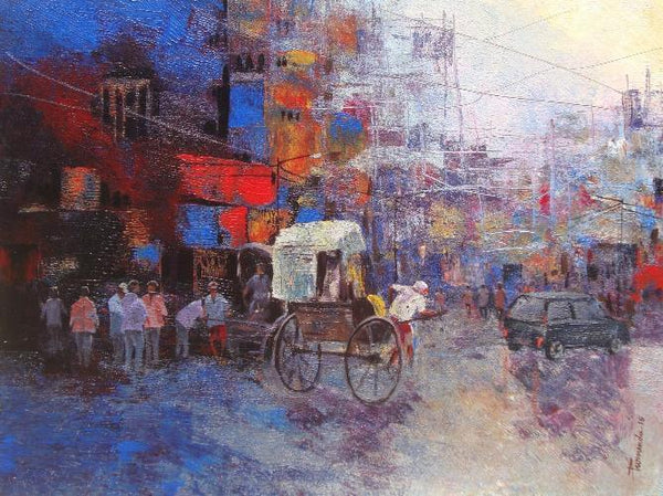 Cityscape acrylic painting titled 'Rickshaw Puller In Kolkata II', 18x24 inches, by artist Purnendu Mandal on Canvas