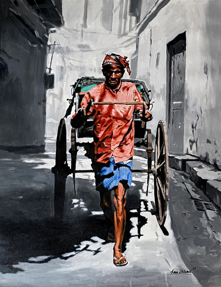 Cityscape acrylic painting titled 'Rickshaw Puller In Kolkata', 40x30 inch, by artist Arpan Bhowmik on Canvas