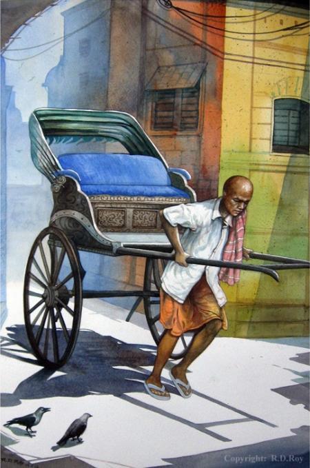 Photorealistic watercolor painting titled 'Rickshawwala 1', 22x15 inches, by artist RD Roy on Paper