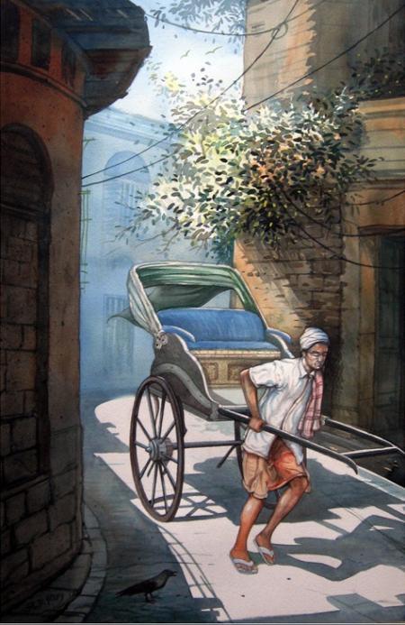 Photorealistic watercolor painting titled 'Rickshawwala 2', 22x15 inches, by artist RD Roy on Paper