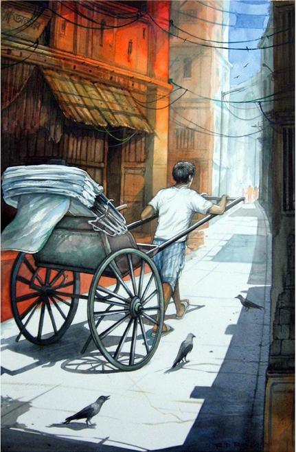 Figurative watercolor painting titled 'Rickshawwala 3', 22x15 inches, by artist RD Roy on Paper