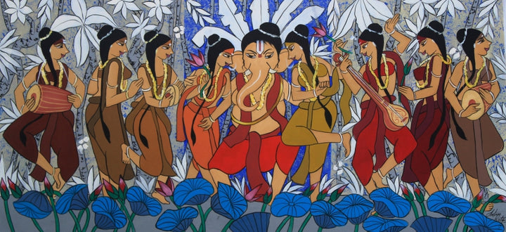 Religious acrylic painting titled 'Riddhi Siddhi', 27x58 inch, by artist Chetan Katigar on Canvas