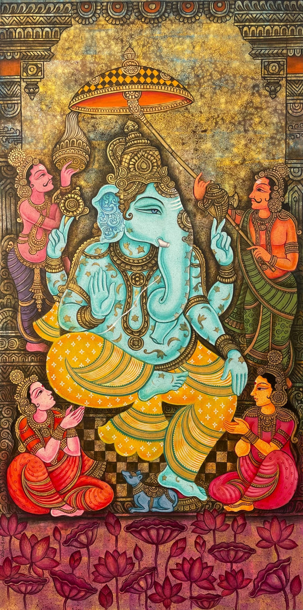 Religious acrylic painting titled 'Riddhi Siddhi Vara', 60x30 inch, by artist Vishal Sablley on Canvas