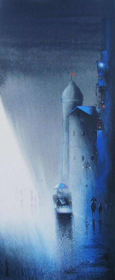 Cityscape acrylic painting titled 'Ride In Monsoon', 15x36 inches, by artist Somnath Bothe on Paper