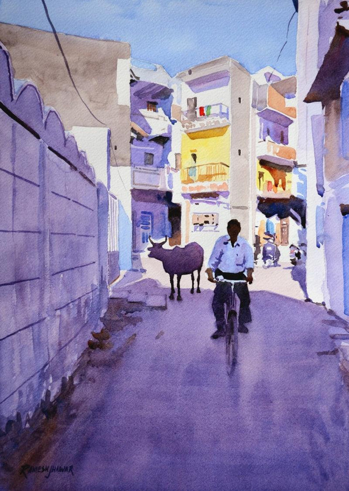 Cityscape watercolor painting titled 'Riding Down The Bylanes', 14x10 inches, by artist Ramesh Jhawar on Paper