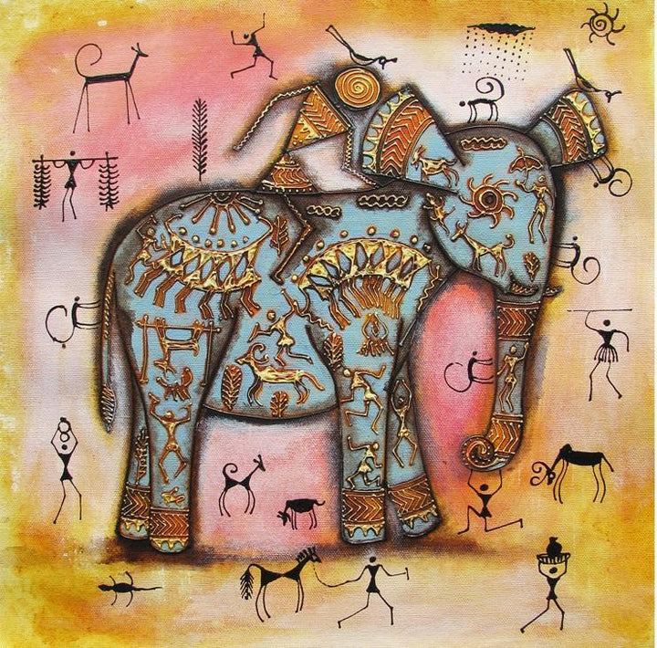 Animals acrylic painting titled 'Riding Elephant Tribal Painting Blue', 16x16 inches, by artist Pradeep Swain on Canvas