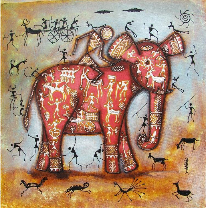 Animals acrylic painting titled 'Riding Elephant Tribal Painting Pink', 16x16 inches, by artist Pradeep Swain on Canvas