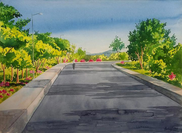 Landscape watercolor painting titled 'Right Turn', 15x11 inches, by artist Rahul Salve on Paper