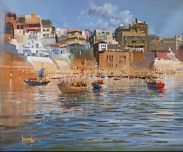 Religious acrylic painting titled 'Rippes On Ganga 1', 30x36 inches, by artist Bijay Biswaal on Canvas