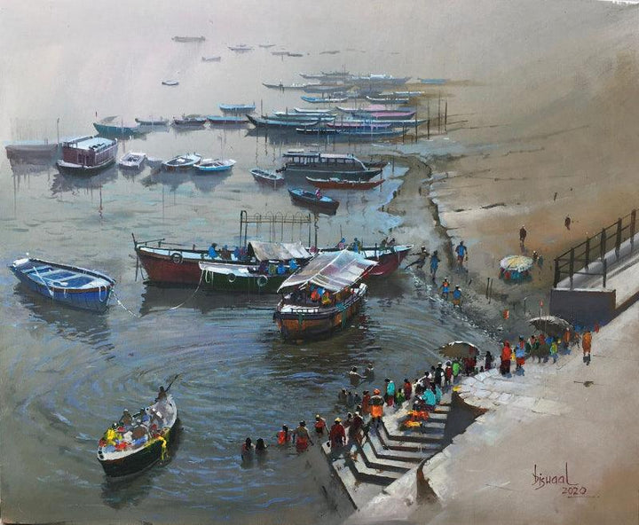 Religious acrylic painting titled 'Rippes On Ganga', 30x36 inches, by artist Bijay Biswaal on Canvas