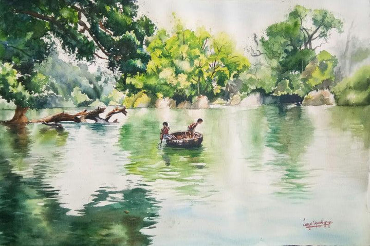 Landscape watercolor painting titled 'Rippling through Kaveri', 21x14 inches, by artist Lasya Upadhyaya on Paper