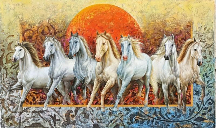 Animals oil painting titled 'Rising Horses', 36x60 inches, by artist Pradeep Kumar on Canvas