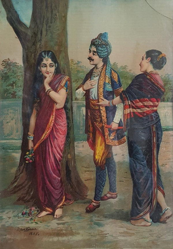 Figurative oleograph painting titled 'Ritudhwaj Meets Madalasa', 21x15 inches, by artist Raja Ravi Varma on Paper