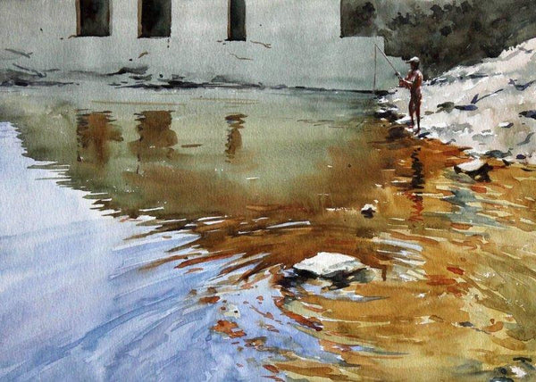 Landscape watercolor painting titled 'River', 12x9 inches, by artist Swapnil Mhapankar on Handmade Paper