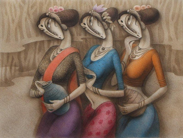 Figurative acrylic painting titled 'River Bank', 36x48 inches, by artist Ramesh Pachpande on Canvas