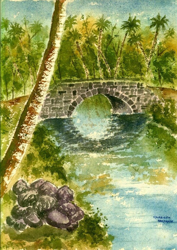 Landscape watercolor painting titled 'River Bridge In Jungle', 14x10 inches, by artist Ramessh Barpande on Paper