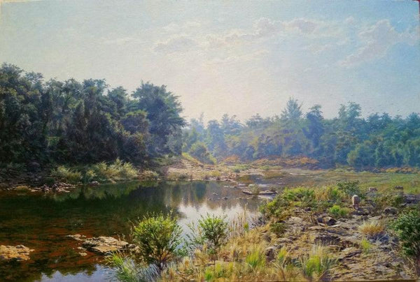 Realistic oil painting titled 'River Devrukh', 24x16 inches, by artist Sanjay Sarfare on Canvas