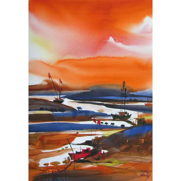 Seascape watercolor painting titled 'Riverscape 1', 30x22 inches, by artist Sunil Kale on Paper