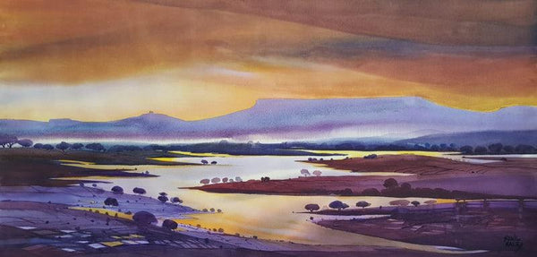 Seascape watercolor painting titled 'Riverscape 2', 22x44 inches, by artist Sunil Kale on Arches Paper