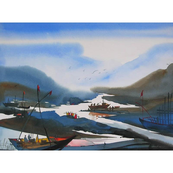 Seascape watercolor painting titled 'Riverscape 22', 30x22 inches, by artist Sunil Kale on Paper