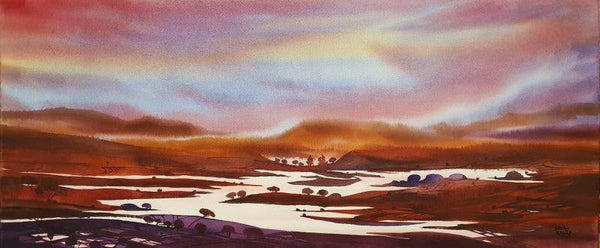 Seascape watercolor painting titled 'Riverscape 3', 19x44 inches, by artist Sunil Kale on Arches Paper