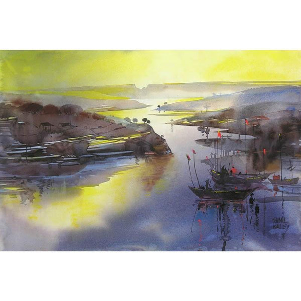 Seascape watercolor painting titled 'Riverscape 42', 21x14 inches, by artist Sunil Kale on Paper