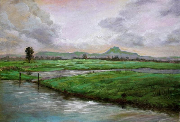 Nature acrylic painting titled 'Riverside 2', 15x22 inches, by artist Chandrashekhar P Aher on Canvas