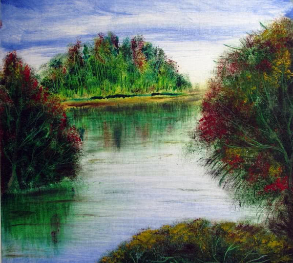 Landscape oil painting titled 'Riverside', 12x12 inches, by artist Rajendra V on canvas sheet