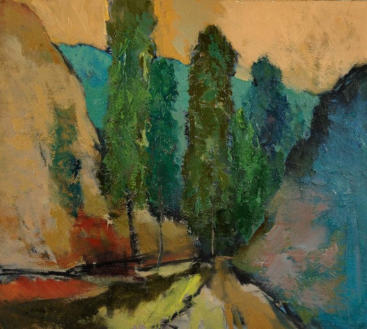 Nature oil painting titled 'Road', 26x29 inches, by artist Sikandar Mulla on Canvas