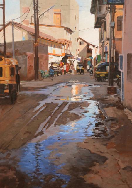 Cityscape oil painting titled 'Road Replaction', 40x30 inches, by artist Sachin Sawant on Canvas