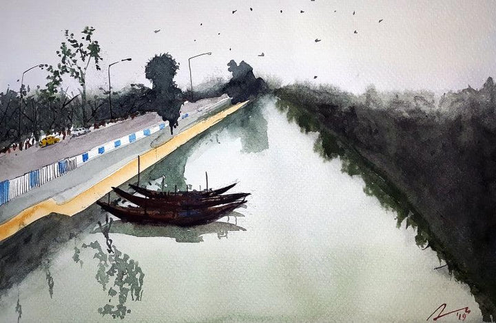 Cityscape watercolor painting titled 'Road Side Canal At Kolkata', 8x11 inches, by artist Arunava Ray on Paper