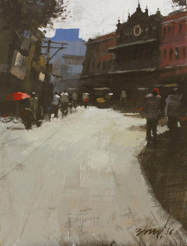 Cityscape acrylic painting titled 'Road stories 23', 6x8 inches, by artist Anwar Husain on Canvas